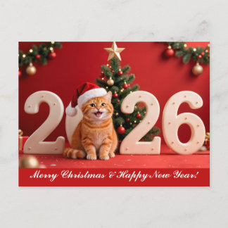 Merry Christmas & Happy New Year, Red Santa Cat Vykort