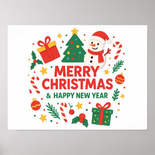 Merry Christmas & Happy New Year Snowman & tree Poster (Framsidan)