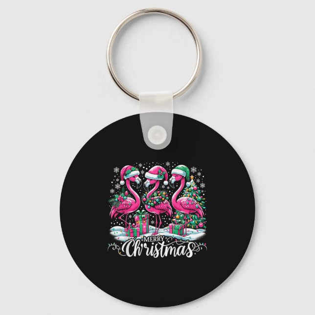 Merry Christmas Hat Santa Flamingo Light Christmas Nyckelring (Framsida)