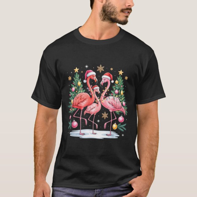 Merry Christmas Hat Santa Flamingo Light Christmas T Shirt (Framsida)