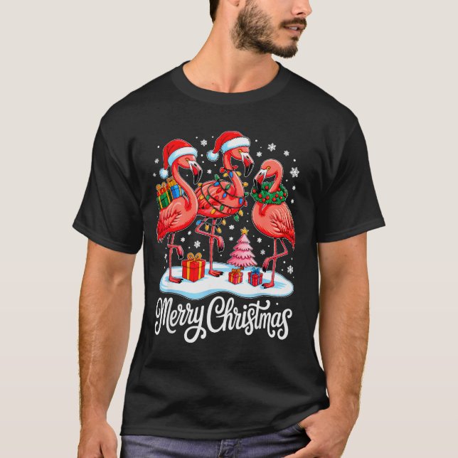 Merry Christmas Hat Santa Flamingo Light Xmas Wome T Shirt (Framsida)