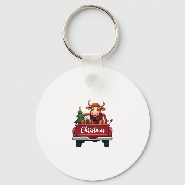 Merry Christmas Highland Cow Christmas Tree Red Tr Nyckelring (Framsida)