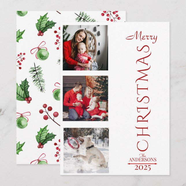 Merry Christmas Holiday Photos Collage Typography Julkort (Fram/baksida)