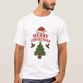 Merry Christmas Holiday Tree & Santa Hat Festive  T Shirt