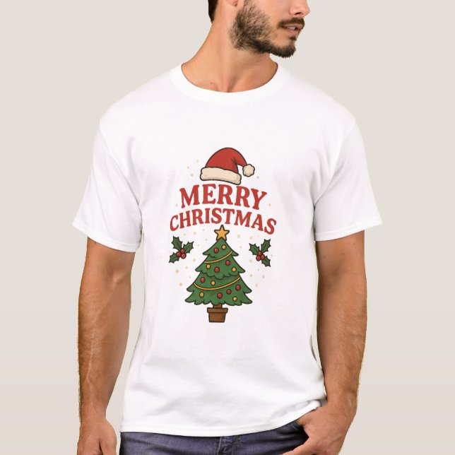 Merry Christmas Holiday Tree & Santa Hat Festive  T Shirt (Framsida)