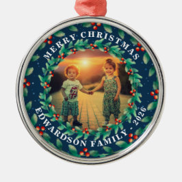 Merry Christmas holly berries family photo Julgransprydnad Metall