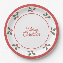 Merry Christmas Holly Plate Red and White