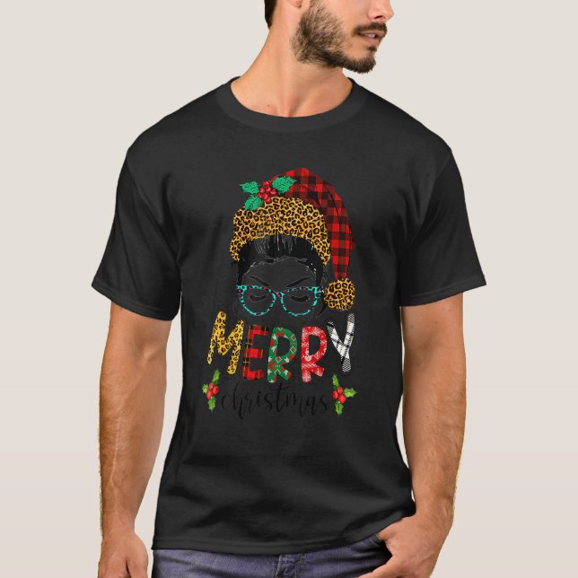 Merry Christmas Leopard Messy Bun Happy Xmas 5 T Shirt (Framsida)
