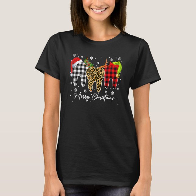 Merry Christmas Leopard Plaid Teeth Santa Reindeer T Shirt (Framsida)