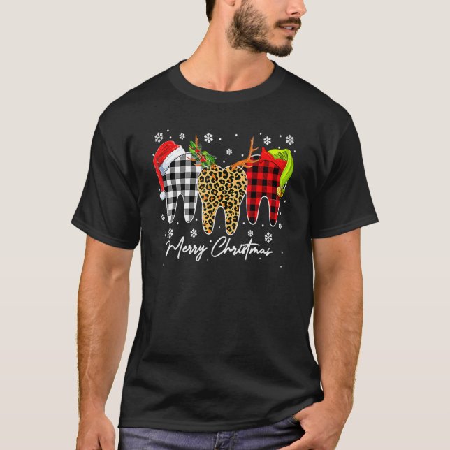 Merry Christmas Leopard Plaid Teeth Santa Reindeer T Shirt (Framsida)