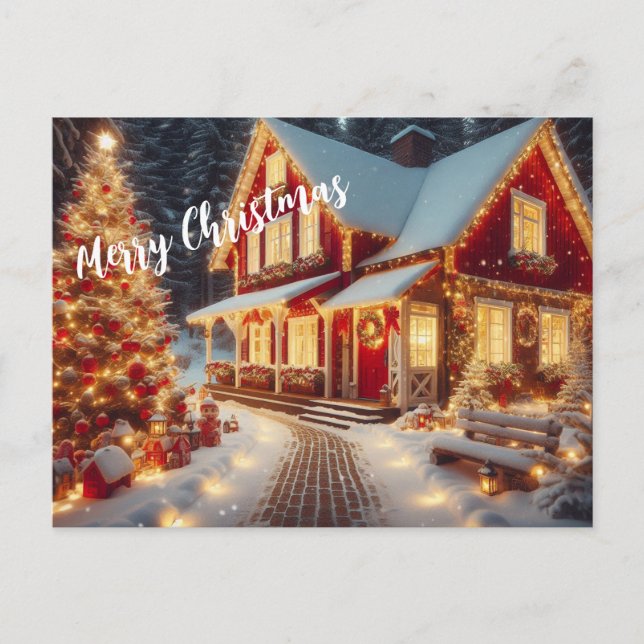 Merry Christmas Lighted Home and Christmas Tree Vykort (Framsida)