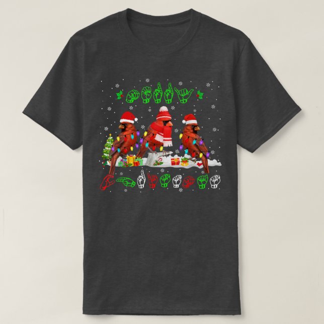 Merry Christmas Lights Cardinal Bird ASL Sign Lang T Shirt (Design framsida)