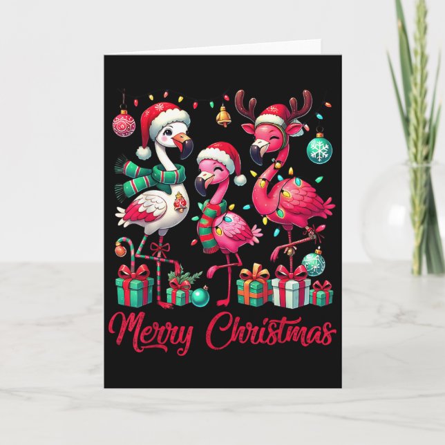 Merry Christmas Lights Flamingo Santa Hat Snow Xma Kort (Framsida)