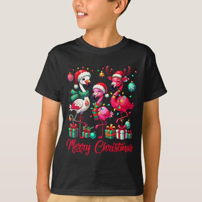 Merry Christmas Lights Flamingo Santa Hat Snow Xma T Shirt (Framsida)