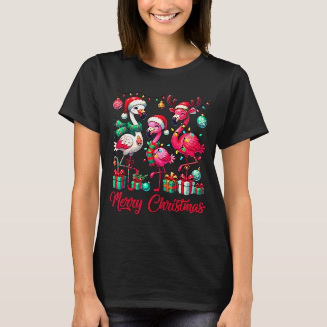 Merry Christmas Lights Flamingo Santa Hat Snow Xma T Shirt (Framsida)