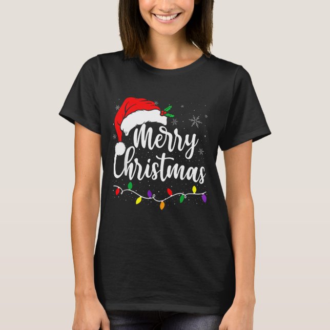 Merry Christmas Lights Red Santa Hat Xmas Family M T Shirt (Framsida)
