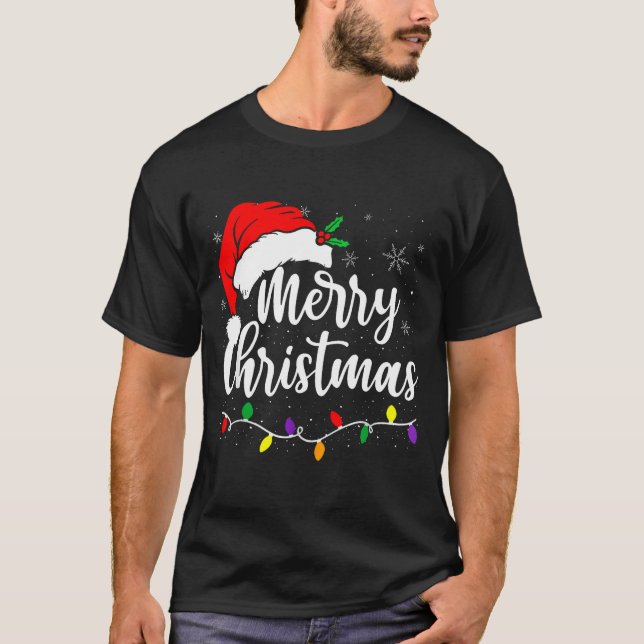 Merry Christmas Lights Red Santa Hat Xmas Family M T Shirt (Framsida)