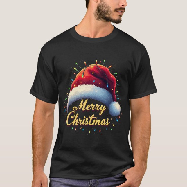 Merry Christmas Lights Red Santa Hat Xmas Family M T Shirt (Framsida)