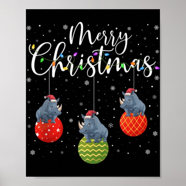 Merry Christmas Lights Santa Hat Rhino Ugly Xmas T Poster (Framsidan)