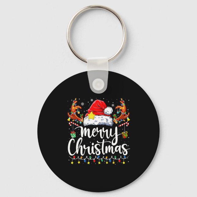 Merry Christmas Lights Santa Hat Xmas Family Match Nyckelring (Framsida)