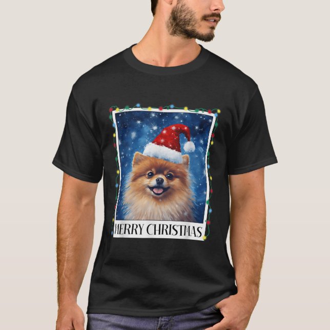 Merry Christmas Meranian Santa Hat Xmas Dog Lights T Shirt (Framsida)