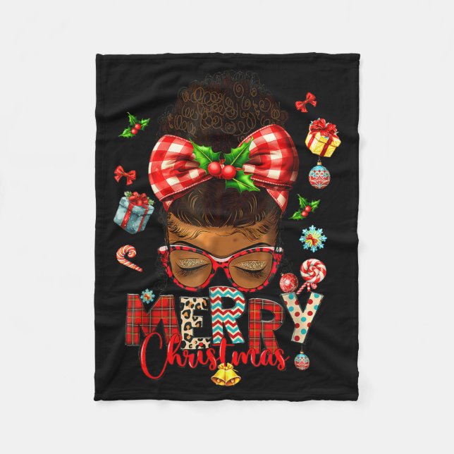 Merry Christmas Messy Bun Black Women African Amer Fleecefilt (Framsidan)