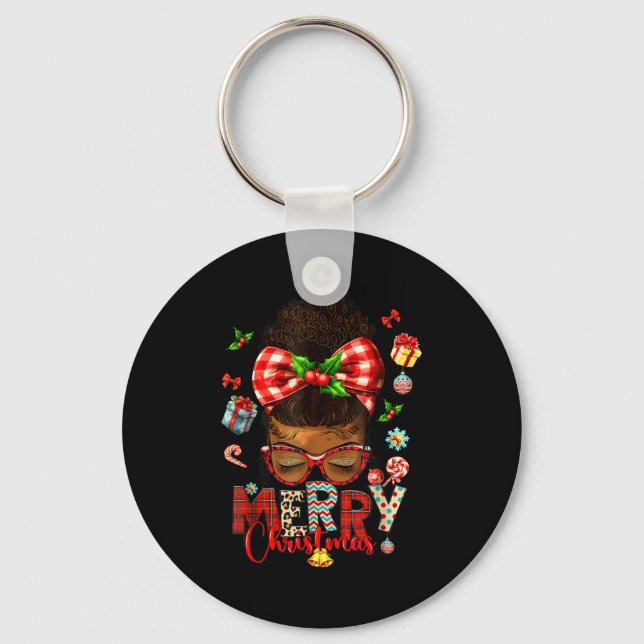 Merry Christmas Messy Bun Black Women African Amer Nyckelring (Framsida)