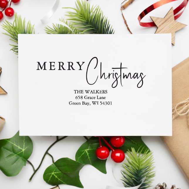 Merry Christmas Minimalist Family Address  Självfärgande Stämpel (Merry Christmas Minimalist Family Address Modern Calligraphy Script self-inking stamp.)