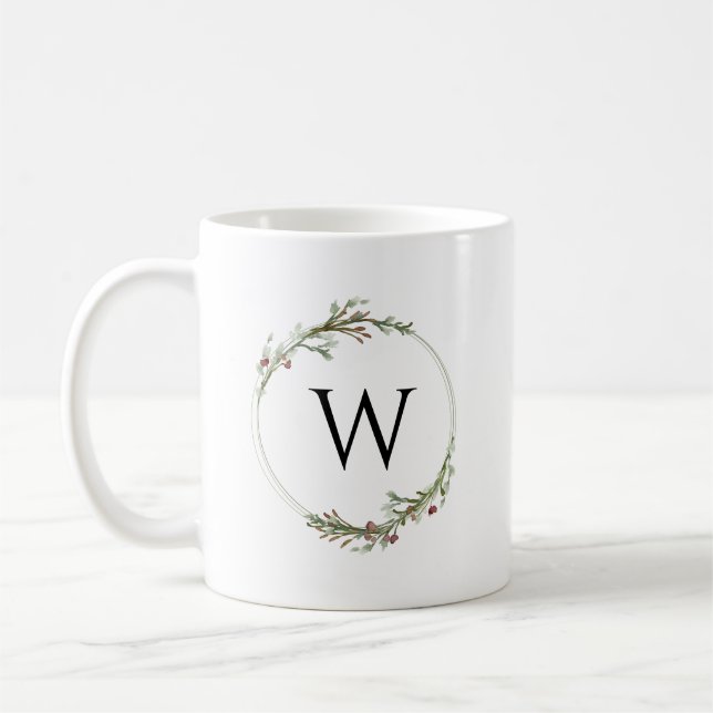Merry Christmas Minimalist Wreath Monogram Kaffemugg (Vänster)