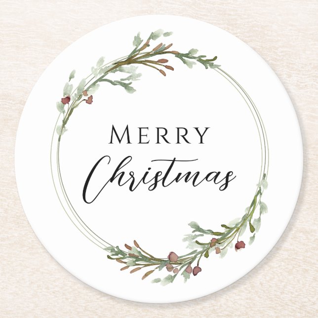 Merry Christmas Minimalist Wreath White Underlägg Papper Rund (Framsidan)