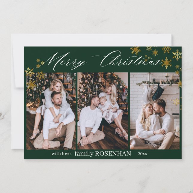 Merry Christmas Modern Collage Snowflakes Green Julkort (Framsida)