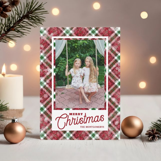 Merry Christmas Modern Plaid Photo Julkort (Merry Christmas on plaid flat photo holiday cards,  PRINTED and/or INSTANT DOWNLOAD)
