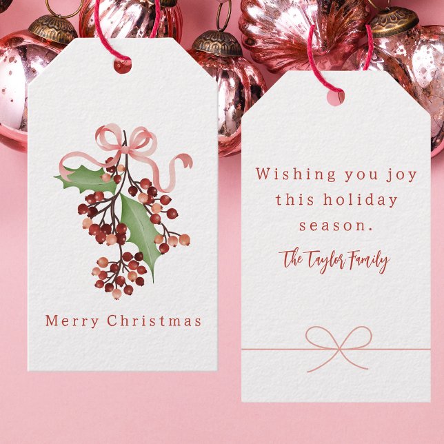 Merry Christmas Modern Watercolor Holly Berry Presentetikett (Skapare uppladdad)