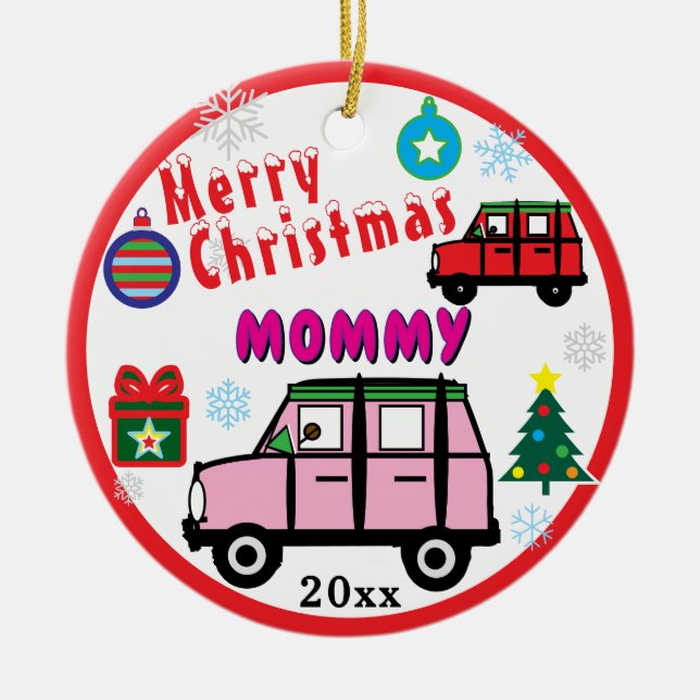 Merry Christmas Mommy Pink Car Kids PHOTO Julgransprydnad Keramik (Framsidan)