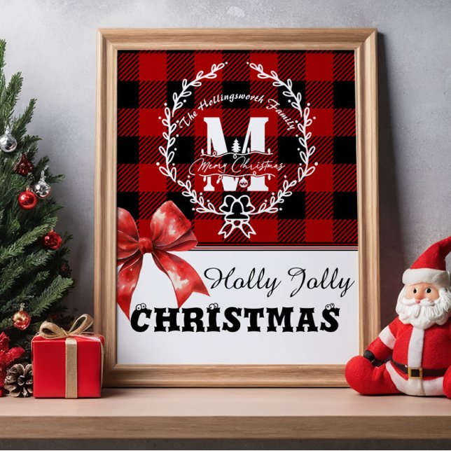Merry Christmas Monogram Wreath Buffalo Plaid Poster (Skapare uppladdad)