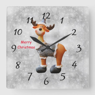 Merry Christmas moose wearing a hat Fyrkantig Klocka