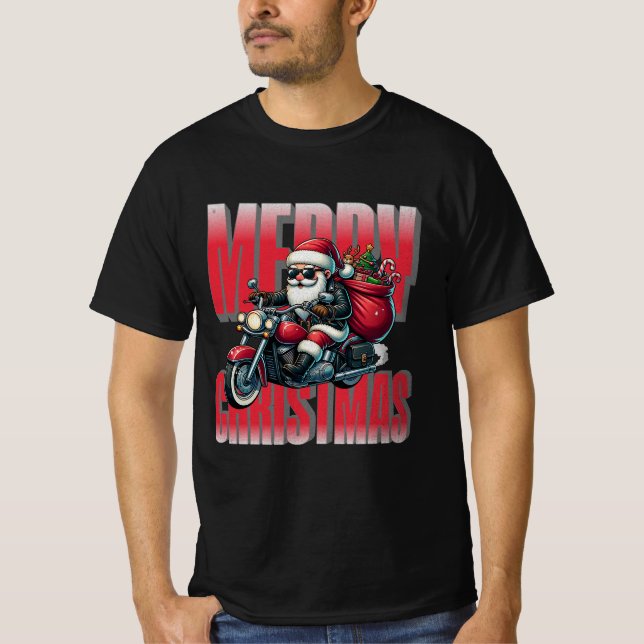 Merry Christmas – Motorcycle Santa Design T Shirt (Framsida)