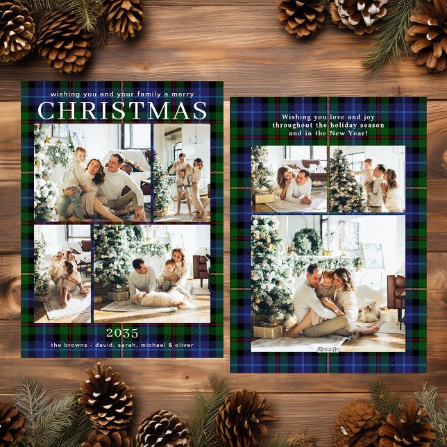 Merry Christmas Multi Photo Green Plaid Julkort (Skapare uppladdad)