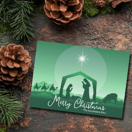 Merry Christmas Nativity Scene Green Religious Julkort