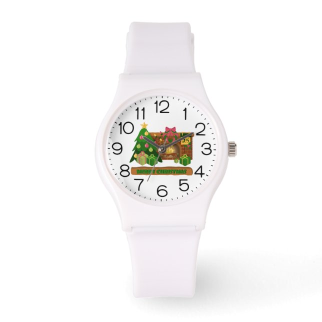 Merry Christmas near fireplace bonfire xmas tree Armbandsur (Framsida)