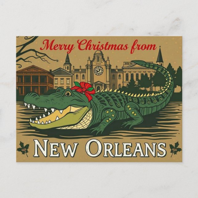 Merry Christmas New Orleans Alligator Helg Vykort (Framsida)