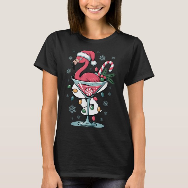 Merry Christmas Nk Flamingo Wine Drinking Lights X T Shirt (Framsida)