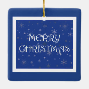 Merry Christmas on Blue with Snowflakes Julgransprydnad Keramik