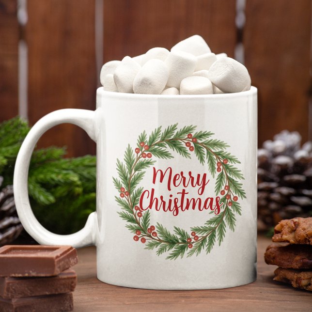 Merry Christmas On Red Green Holly Wreath Holiday Kaffemugg (Skapare uppladdad)
