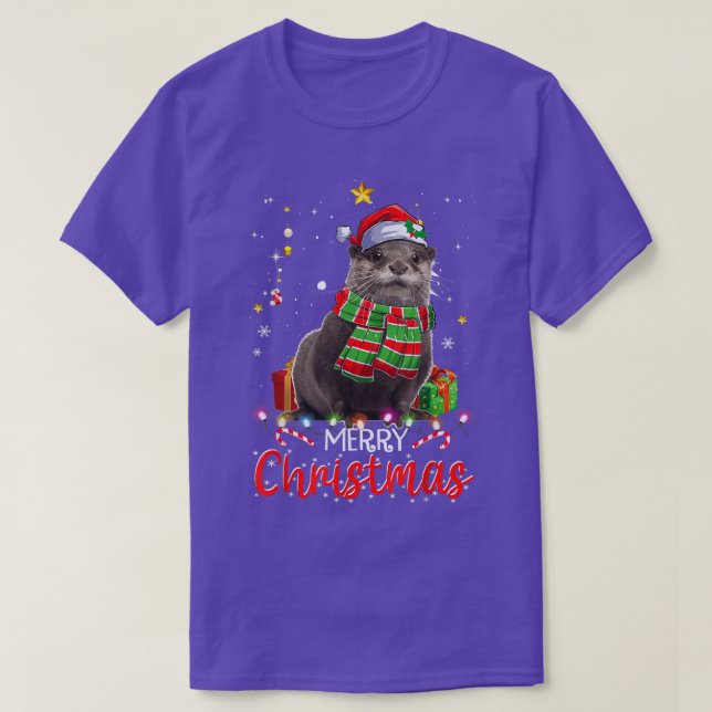 Merry Christmas Otter Santa Hat Tree Lights Pajama T Shirt (Design framsida)