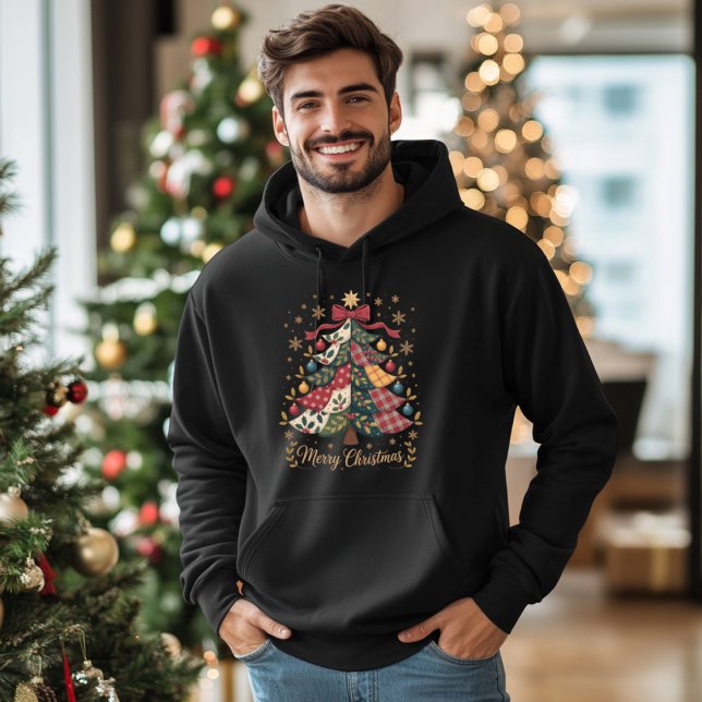 Merry Christmas Patchwork Christmas Tree Hoodie (Skapare uppladdad)