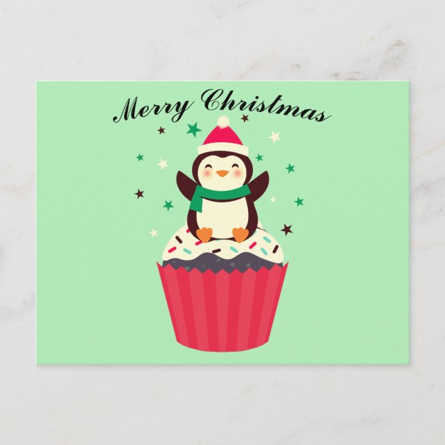 Merry Christmas Penguin Cupcake Postcard Vykort (Framsida)