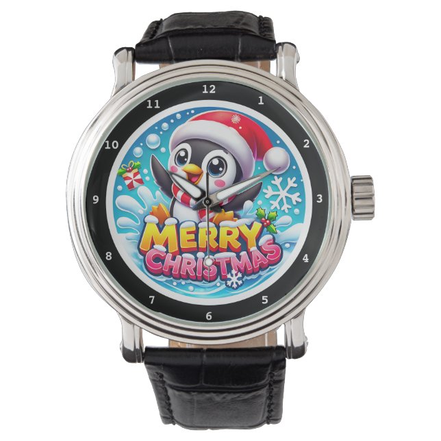 Merry Christmas Penguin Water Splashes Armbandsur (Framsida)