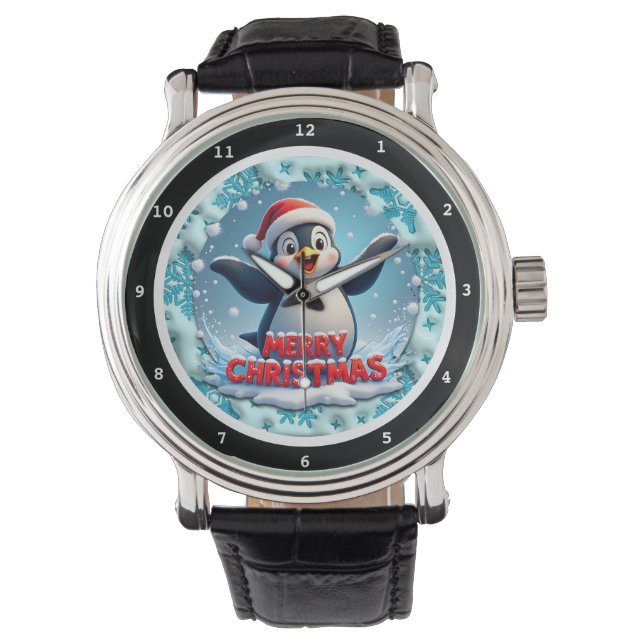 Merry Christmas Penguin with Santa Hat  Armbandsur (Framsida)