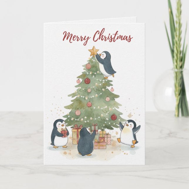 Merry Christmas Penguins Card Cute Kids & Family Kort (Framsida)